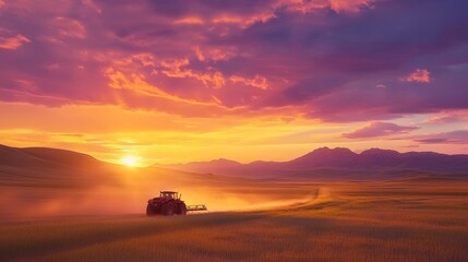 Fototapeta premium Golden Hour Tractor in a Field of Dreams, tractor, agriculture, landscape