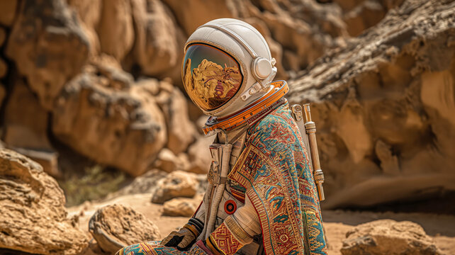 astronaut on Mars wearing a unique space suit of Iranian craftsmanship creative pattern in desert dune movie character (Aa38)