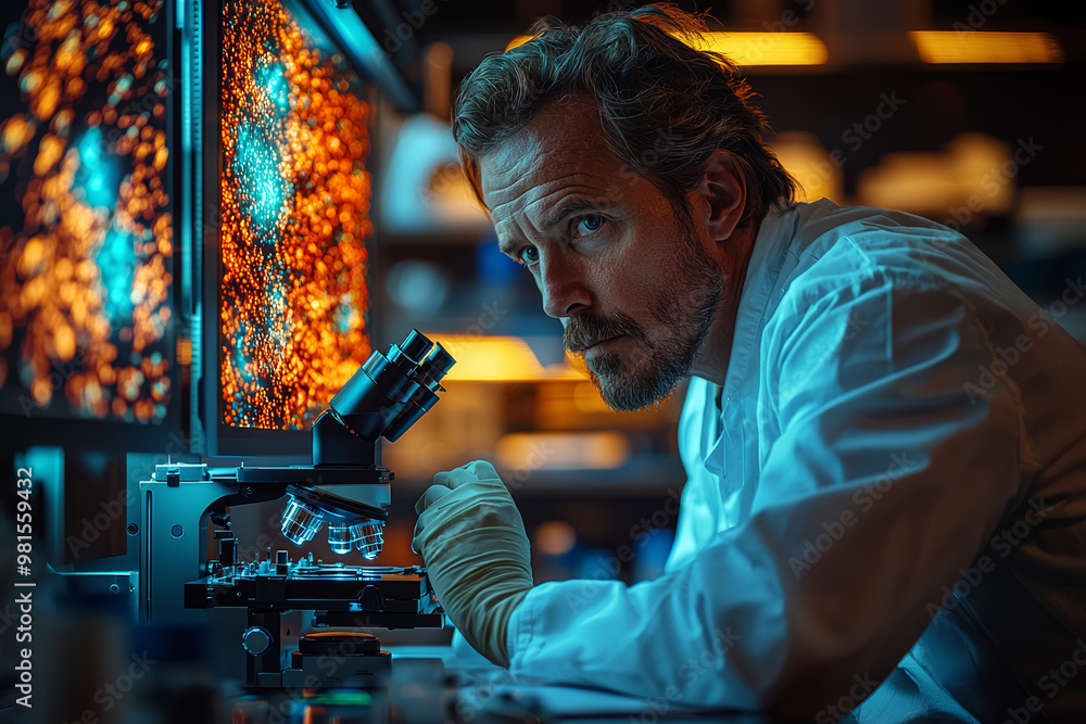 Poster a biologist observing cellular interactions under a super-resolution microscope. concept of advanced