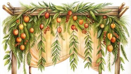 Decorative Sukkah with hanging fruits and greenery creating a festive atmosphere