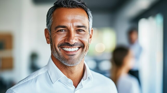 Portrait of a Smiling Man in a White Shirt, Close-up, Office Background, happiness, success, confidence