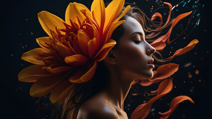 Beautiful Woman with Flower Crown and Petals in Air