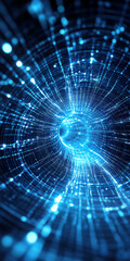 Futuristic blue digital tunnel with glowing network lines and dynamic light effects