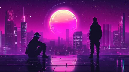 Fototapeta premium Two Silhouettes Gazing at a Giant Pink Moon Over a Neon Cityscape, Digital Painting, Futuristic City, Cyberpunk, Neon Lights