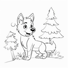 coloring page for kids, cartoon style, a little wolf and 2 trees, simple shapes