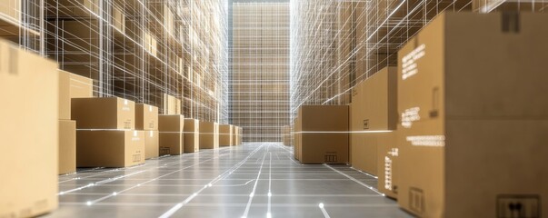 Warehouse Grid Cardboard Labyrinth, Digital 3D Render, Abstract, Geometric, Architecture, Warehouse, Storage