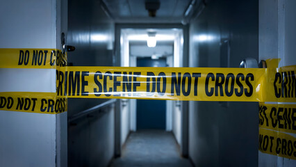 Crime Scene with Yellow "Do Not Cross" Tape Blocking an Eerie and Dark Corridor in a Suspenseful Investigation Setting
