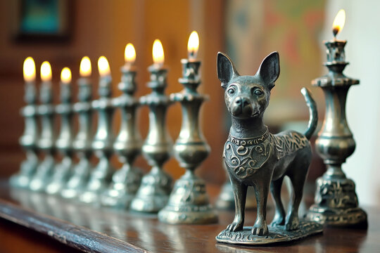 Ornate candle holders and decorative dog statue with lit candles. hannukah, menora