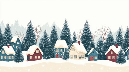 Horizontal Christmas illustration with beatiful houses and pines. Generative AI transparent background