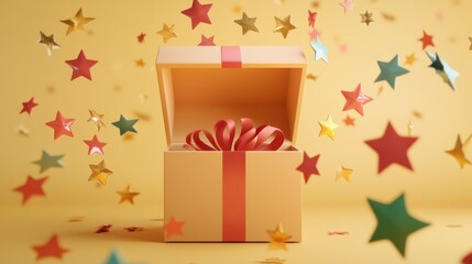 open gift box with floating stars customer award bonus isolated outline sign loyalty program benefit marketing concept cash surprise box money prize reward shopping design template 3d render