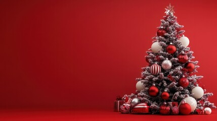 red Christmas tree with red and white balls, xmas background concept with advertising space for text transparent background