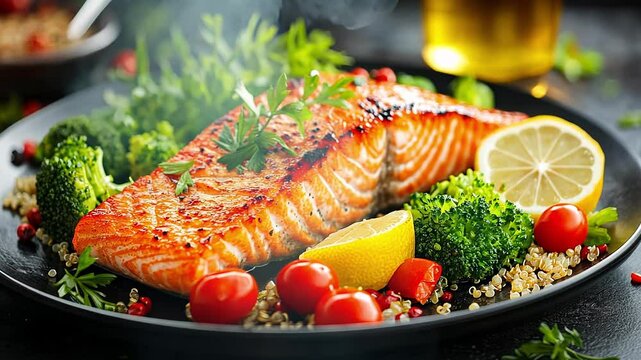 Enjoy a beautifully plated dish featuring grilled salmon accompanied by vibrant broccoli, cherry tomatoes, and fresh lemon slices, perfect for a healthy meal.