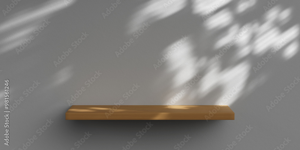 Poster white minimalist wall with wooden shelf for product presentation. empty room with shadows of palm le