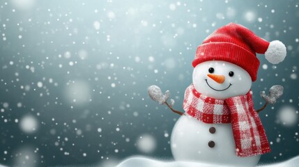 Fototapeta premium Weihnachtsbanner, Schneemann mit rotem Schal und MÃ¼tze auf tÃ¼rkisfarbenen Hintergrund mit Platz fÃ¼r Text transparent background
