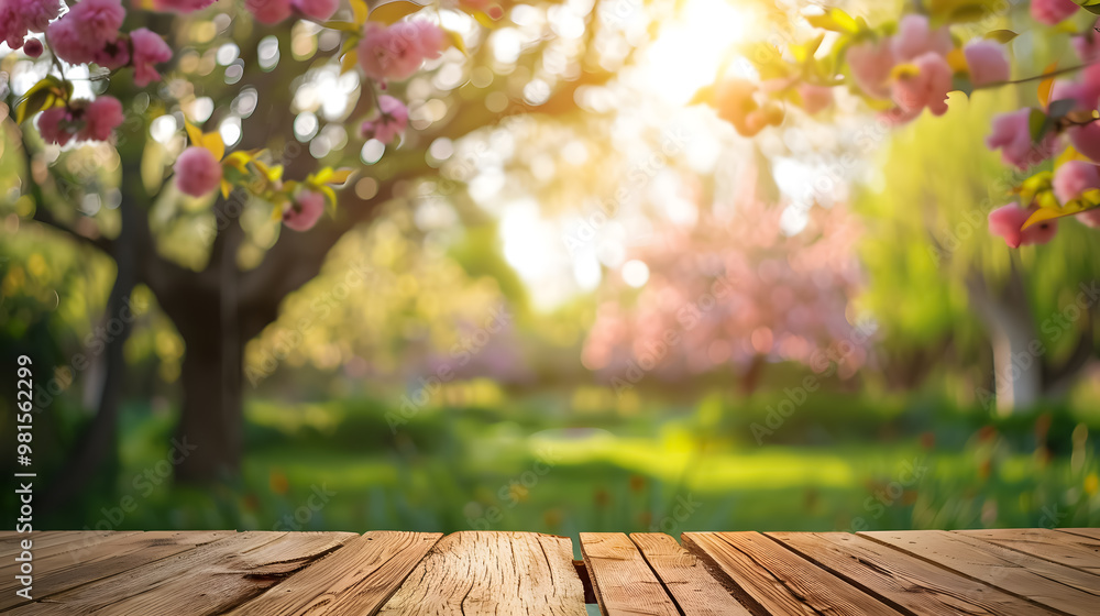 Poster spring table with blooming trees and a defocused sunny garden in the background.