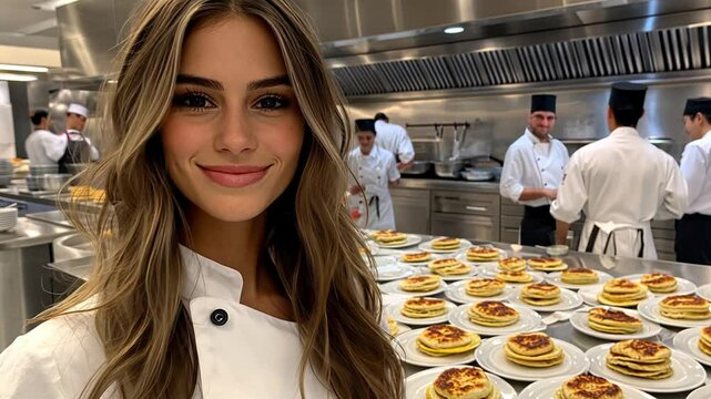 In a bustling kitchen, chefs collaborate to create stacks of golden pancakes while a young woman in a chef's coat expresses her joy and engagement in the culinary process.