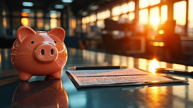As the sun sets, warm light bathes a piggy bank and financial documents on a desk in a contemporary office. A moment of reflection on saving and planning unfolds.
