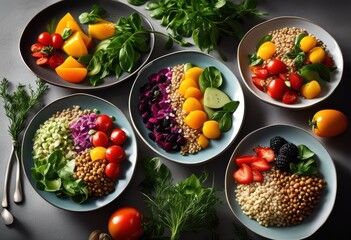 colorful plant based dishes artfully arranged simple minimalist backgrounds fresh healthy dining experience, bowl, plate, salad, vegetable, fruit, cuisine