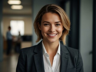 Smiling professional woman in a suit in a modern office