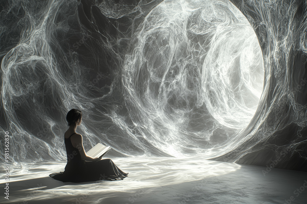 Poster a person sitting in a sunlit room with an open book, but the book's pages are filled with dark, swir