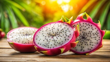 Sliced dragon fruit showcasing white flesh and black seeds on a wooden table in a sunny garden
