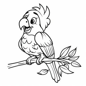 recommend clip art: coloring page for kids, cartoon style, simple shapes, white background, isolated, a cute parrot on a branch