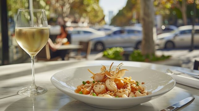 Elegant gourmet dish on outdoor table with city street backdrop, ideal setting for text placement