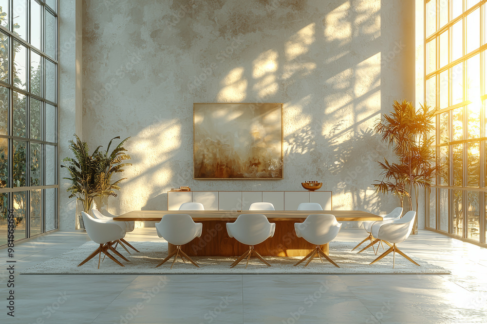Poster a minimalist meeting room with a single large table and a few neatly arranged chairs, representing t