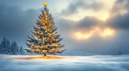 Fototapeta premium Christmas Tree in a minimalistic winter landscape - Xmas Festivel Lights in the Snow 