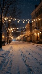 Snowy streets and festive lights in a serene winter evening.