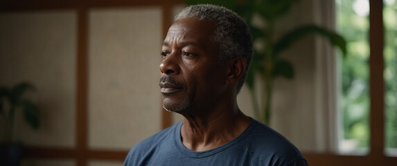 A Black aging man practicing mindful breathing exercises in a calm, meditative environment, improving his mental and physical well-being