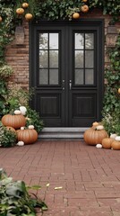 Fototapeta premium A charming entryway features a pair of black wooden doors surrounded by festive Halloween decorations, including stacked pumpkins and colorful autumn leaves
