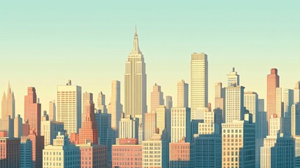 A picturesque cityscape with skyscrapers at sunrise, showing a modern metropolis skyline with a focus on the iconic tallest building.