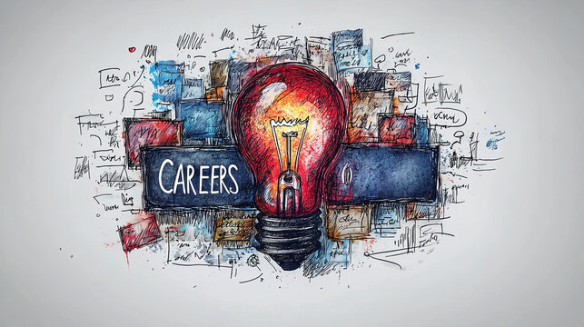 An artistic image with a prominent light bulb and the word 'Careers' surrounded by various sketches and doodles signifying ideas, plans, and career growth.