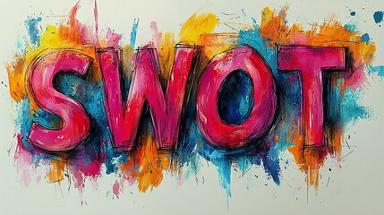 This artwork features the text 'SWOT' in bold, with colorful splatter patterns. It signifies analysis, strategy, and creativity in decision-making.