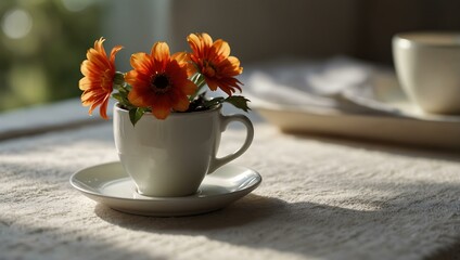 Soft morning light on a cup of coffee and a cheerful flower on a white tablecloth.