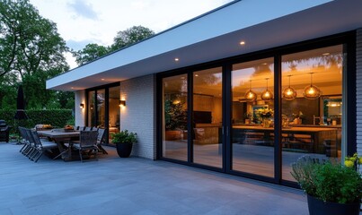 Evening Patio Ambiance with Sliding Doors: Cozy and Elegant Outdoor Setting