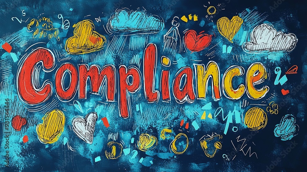 Poster an energetic image that highlights the word 'compliance' through dynamic artwork, utilizing bright, 