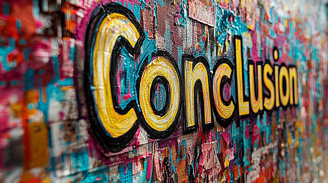 A colorful image featuring the word 'Conclusion' in artistic text, set against a vibrant abstract background, symbolizing the end or summary of a presentation or document.