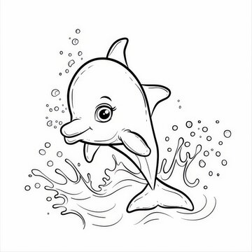 recommend clip art: coloring page for kids, cartoon style, simple shapes, white background, isolated, a cute dolphin, some splash water