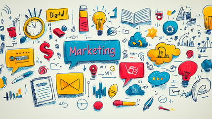 Digital marketing conceptual doodles filled with colors, symbols, and various elements representing different aspects of marketing and advertising.