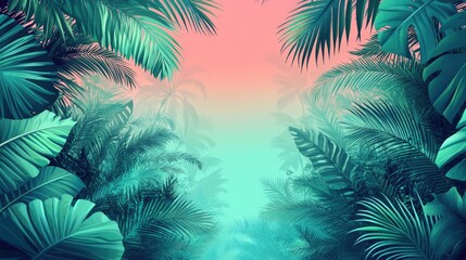 Tropical Jungle with Colorful Sunset Background - Lush Green Foliage and Vibrant Sky