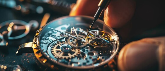 Close-up of a skilled watchmaker repairing the intricate parts of a luxury mechanical watch.