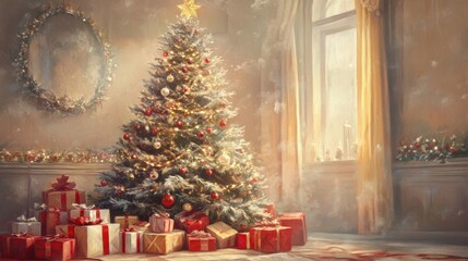  Lavishly Decorated Christmas Tree with Gold, Red Ornaments, and Wrapped Gifts in a Grand Room with Ornate Decor and Large Windows