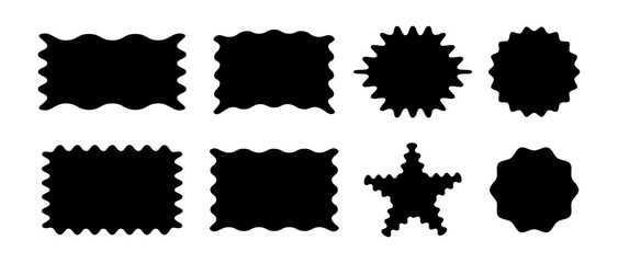 Set frames. Textbox. Speech bubbles. Rectangles and squares. Geometric shapes. Starburst. Label, seal, badge, button, sticker. Tag. Abstract icon. Figures with waves and zigzags. Retro torn edges. 