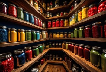 vibrant pantry shelves filled colorful assortment canned showcasing organized display various food items, goods, assorted, storage, containers, variety