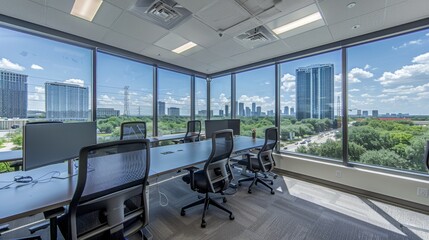 Modern co working space with city view through large windows, ideal for text placement on the left