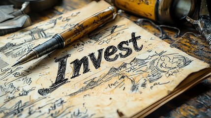 This vintage-inspired illustration features a notebook with sketches, an ink pen, and the text 'Invest', blending traditional artistic elements with a message of financial wisdom.