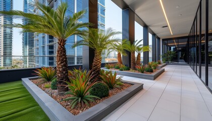 Fototapeta premium City skyline vista from rooftop garden with ample space on the right for adding text