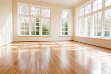 Fototapeta premium Bright empty room with wooden floors and large windows letting in natural light